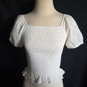 White Smocked Puff Sleeve Top